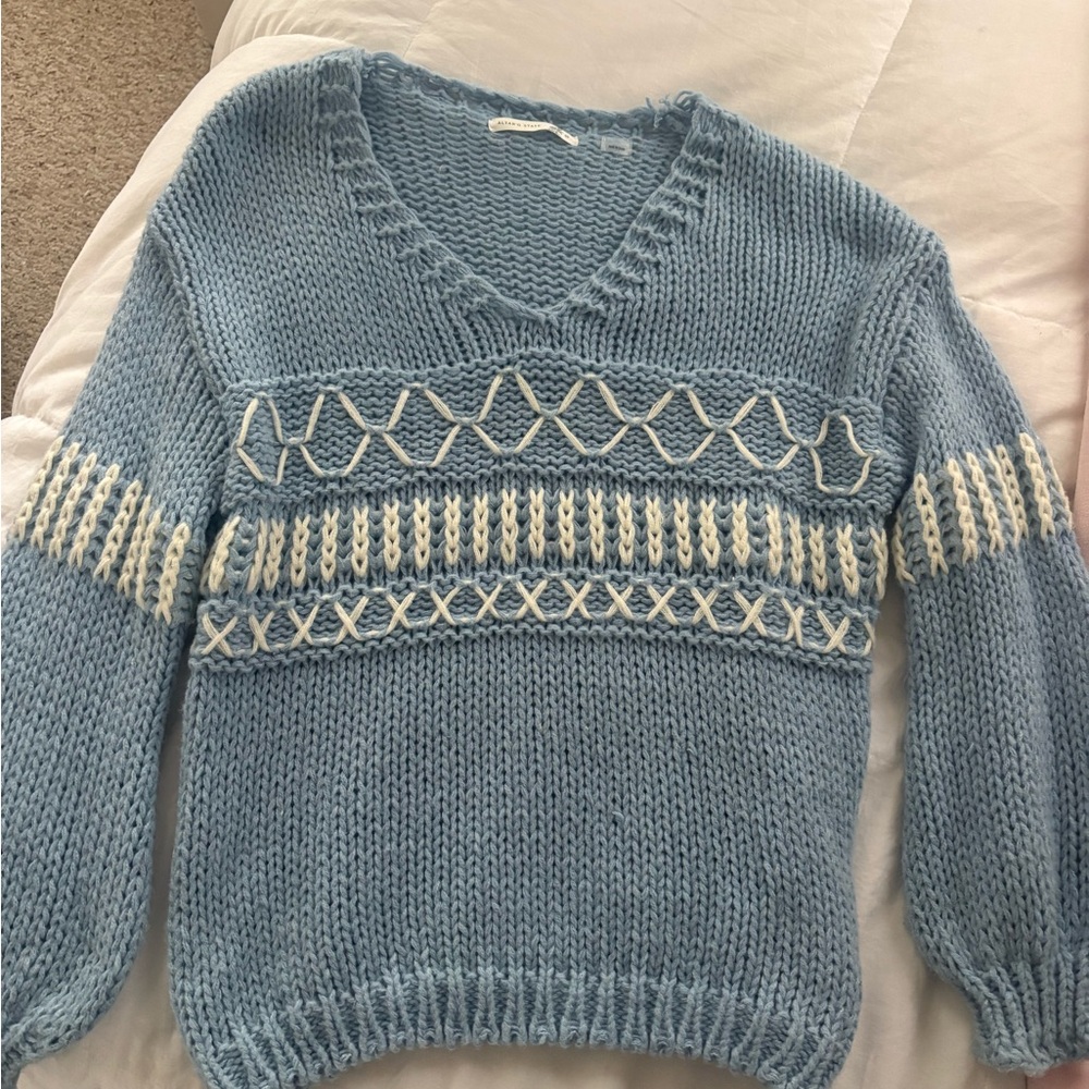 Altar'd State Blue and Cream V-Neck Sweater